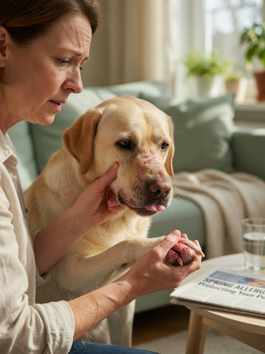 A dog owner examining their labrador's irritated skin and red paws, signs of seasonal spring allergies.