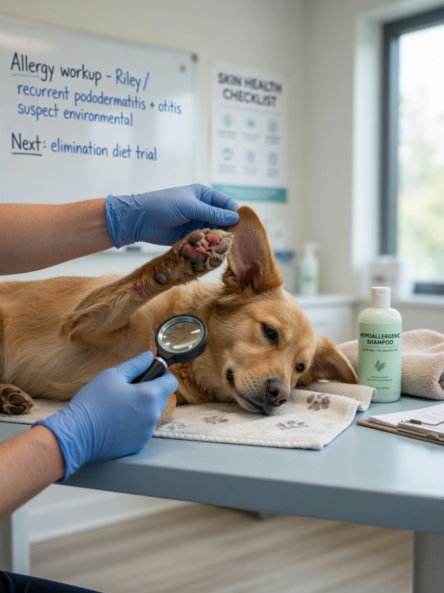 Veterinarian examining a dog's irritated paw and ear during spring allergy assessment with hypoallergenic shampoo nearby
