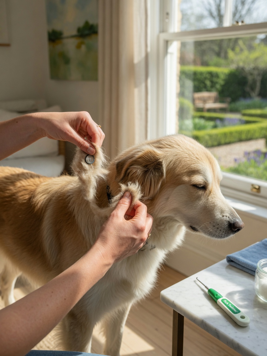 Owner carefully inspecting a dog's coat for ticks during spring parasite prevention check with warm sunlight coming through window