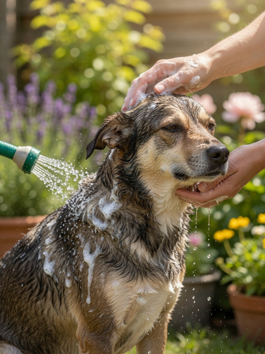 Dog being gently bathed with hypoallergenic shampoo in spring garden setting with warm natural light