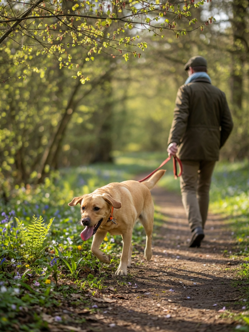 Energetic dog enjoying a spring woodland walk with owner on natural trail under dappled sunlight
