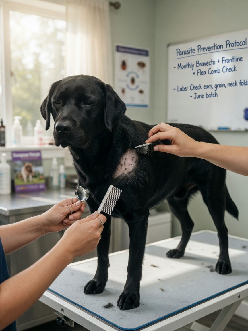 Veterinarian examining a black Labrador's coat for parasites during summer grooming