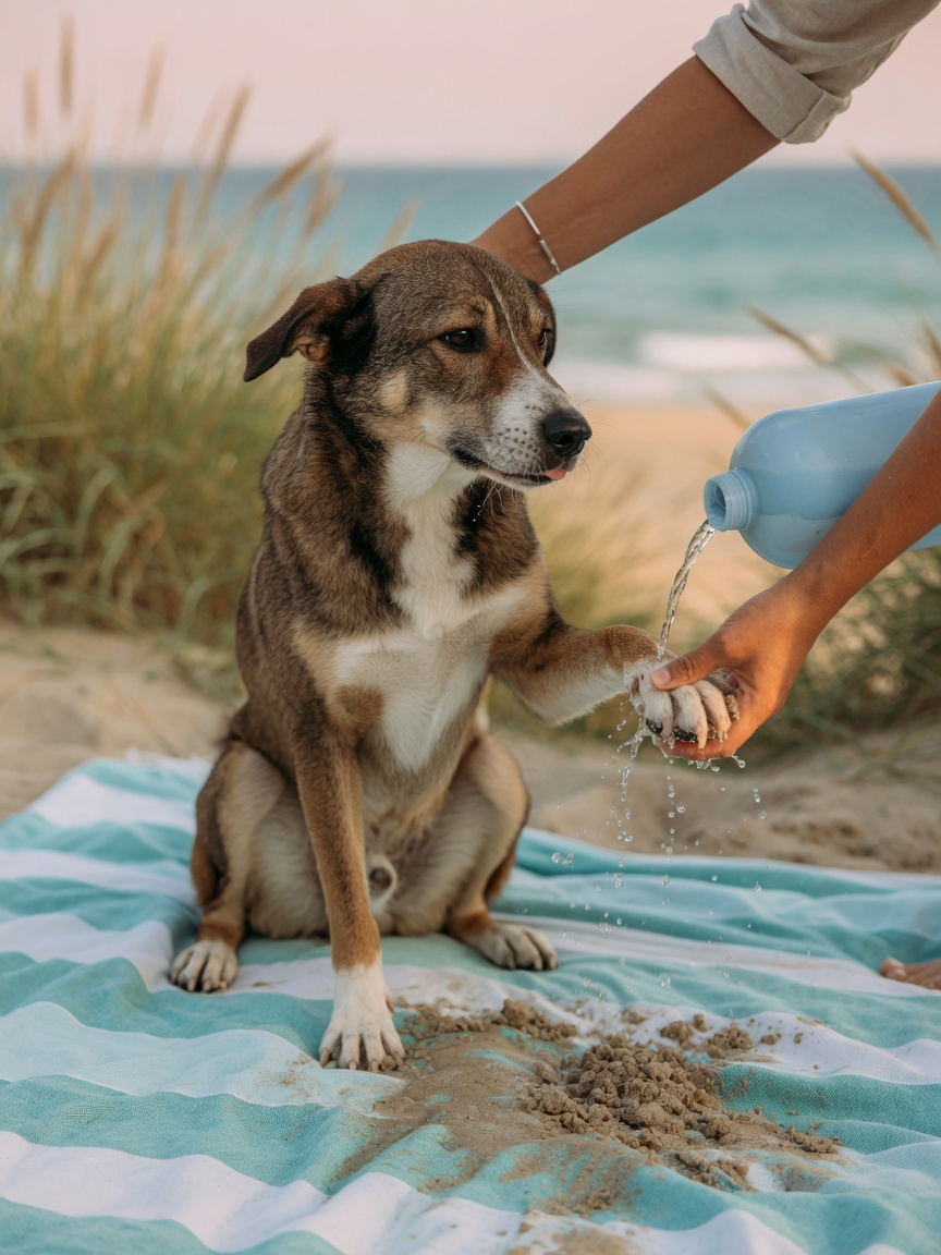 Dog owner rinsing sand and salt from their dog's paws after a summer beach visit
