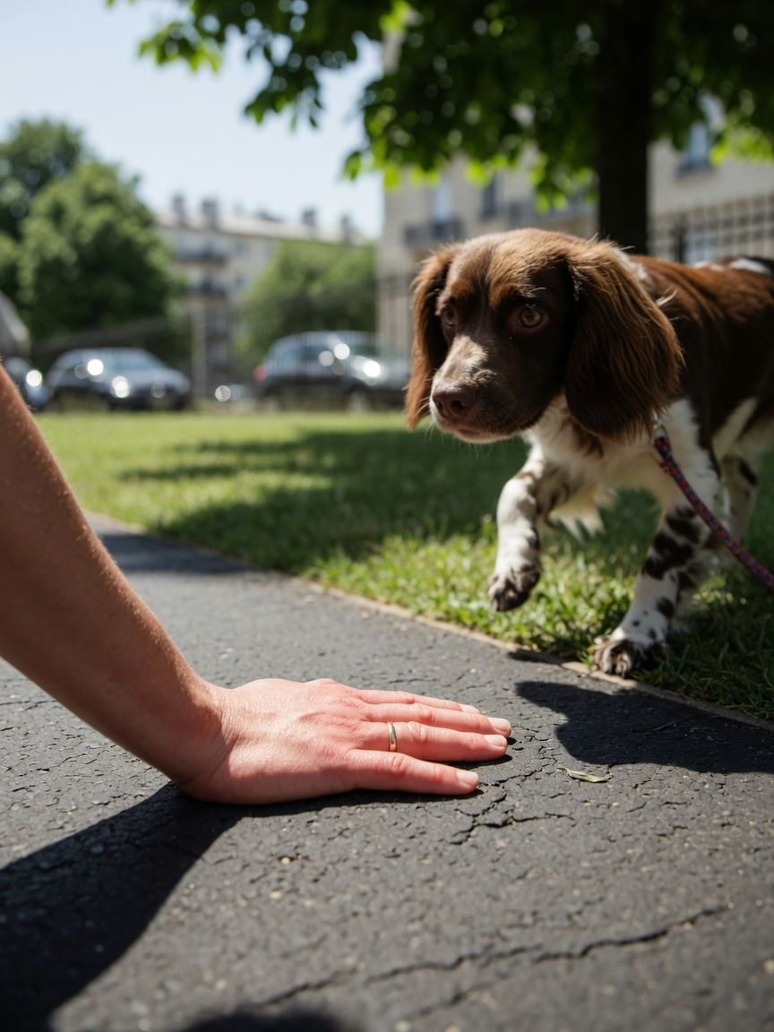 Dog owner testing hot pavement temperature with their hand before a summer walk while spaniel waits in the shade