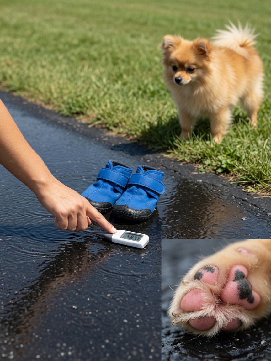 Dog booties and a human hand testing hot pavement temperature to protect paws