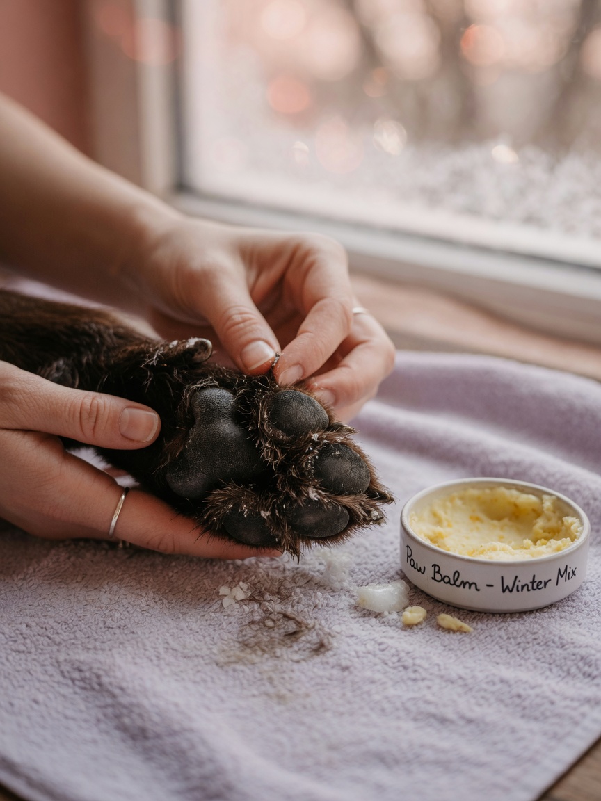 Owner inspecting dog's paw for winter damage with paw balm nearby, demonstrating post-walk paw care routine
