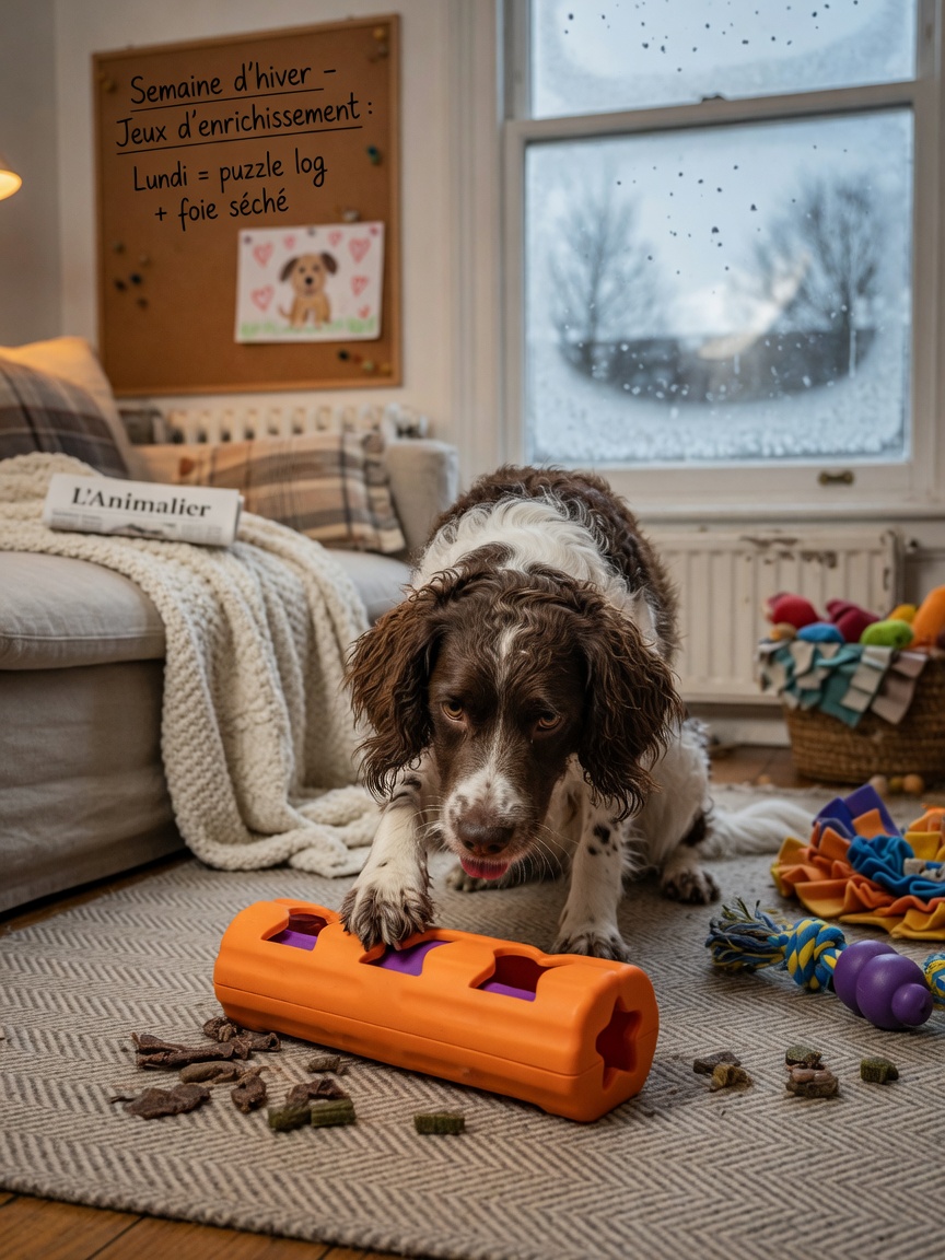 Dog playing with puzzle toys indoors during winter, showing mental enrichment and indoor exercise alternatives