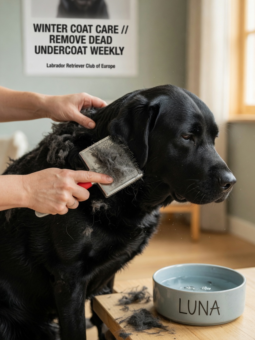 Groomer brushing a black Labrador's thick winter coat during a grooming session