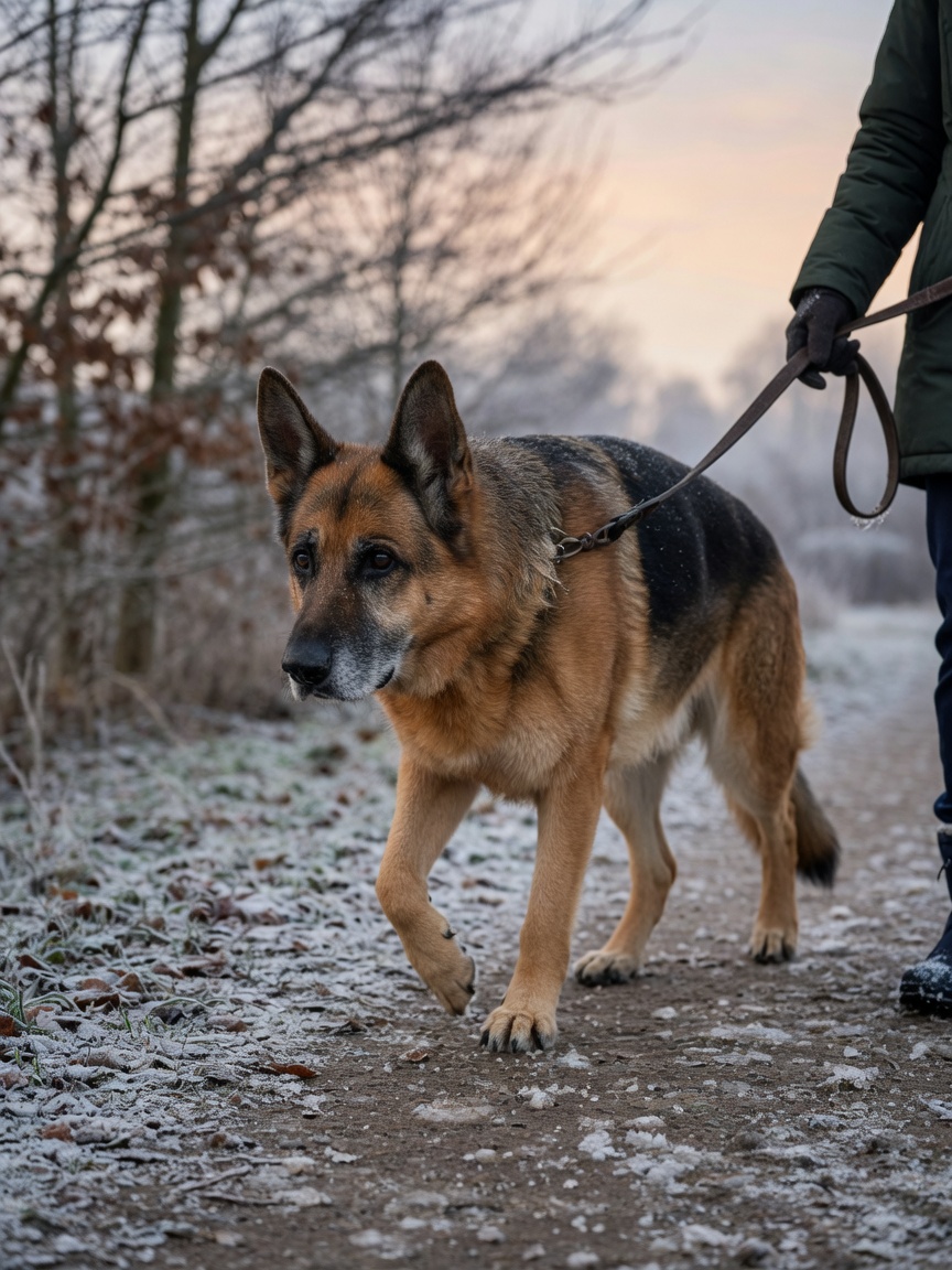 Senior German Shepherd with owner on a gentle winter warm-up walk before exercise