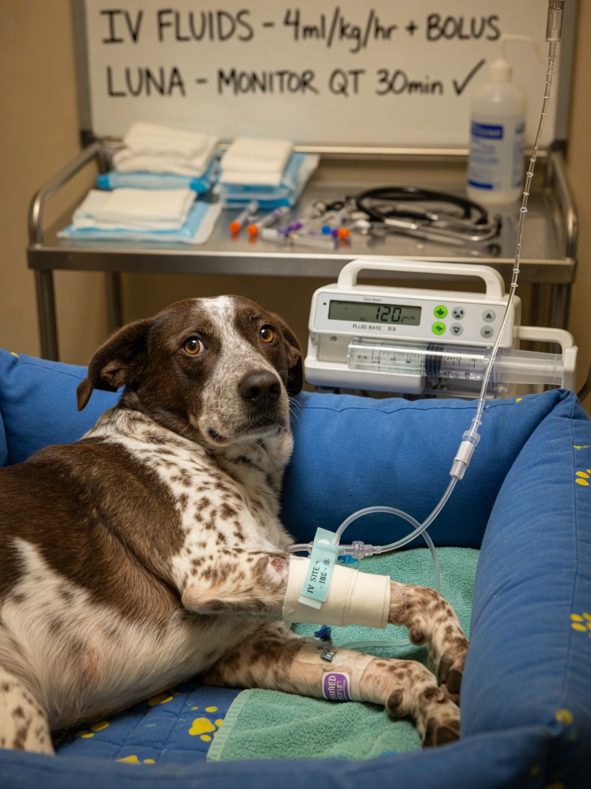 Intravenous fluid therapy being administered to a hospitalized dog with parvovirus through a foreleg catheter
