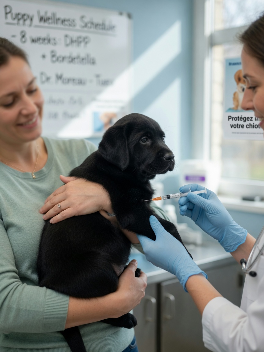 Veterinarian vaccinating a young black Labrador puppy held by its owner during a routine immunization appointment