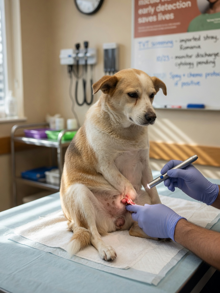 Veterinarian performing a genital examination on a female dog to screen for signs of transmissible venereal tumour
