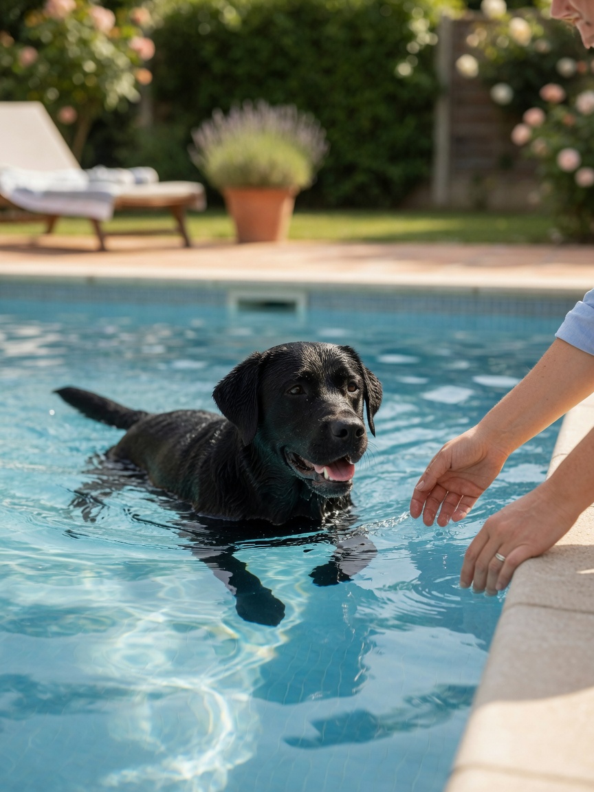 Senior black Labrador swimming in pool for low-impact exercise