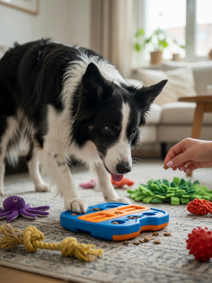 Border collie engaged with puzzle toy demonstrating mental enrichment
