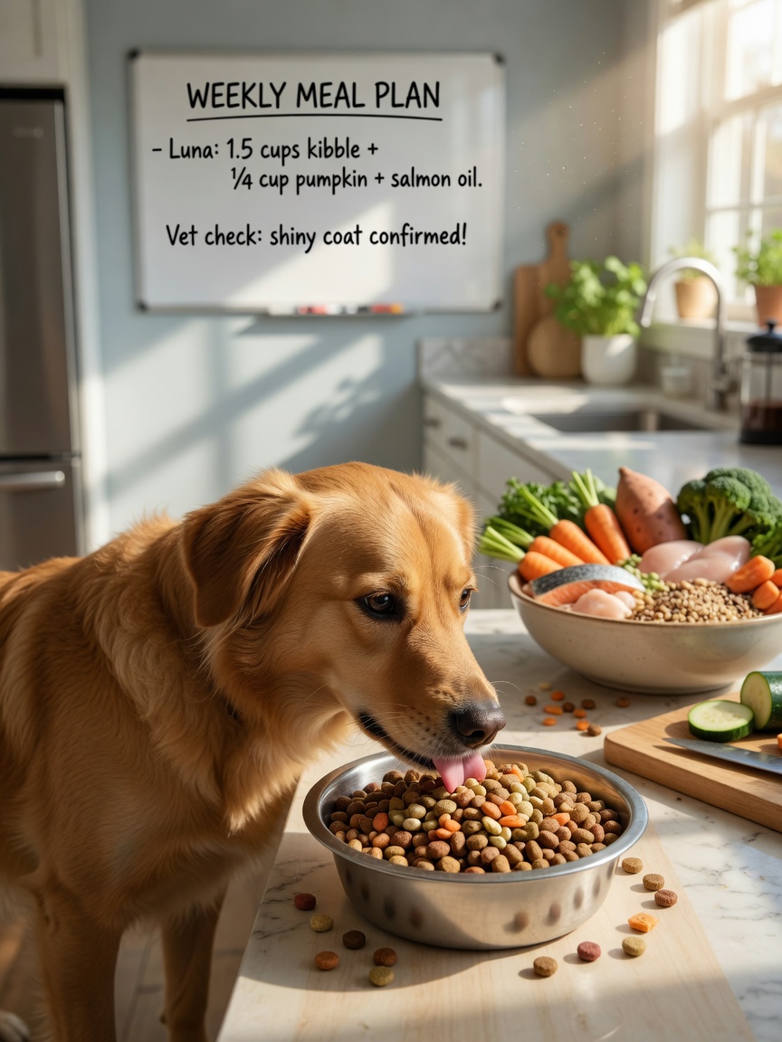 Dog eating nutritionally balanced meal from bowl as part of hepatopathy management