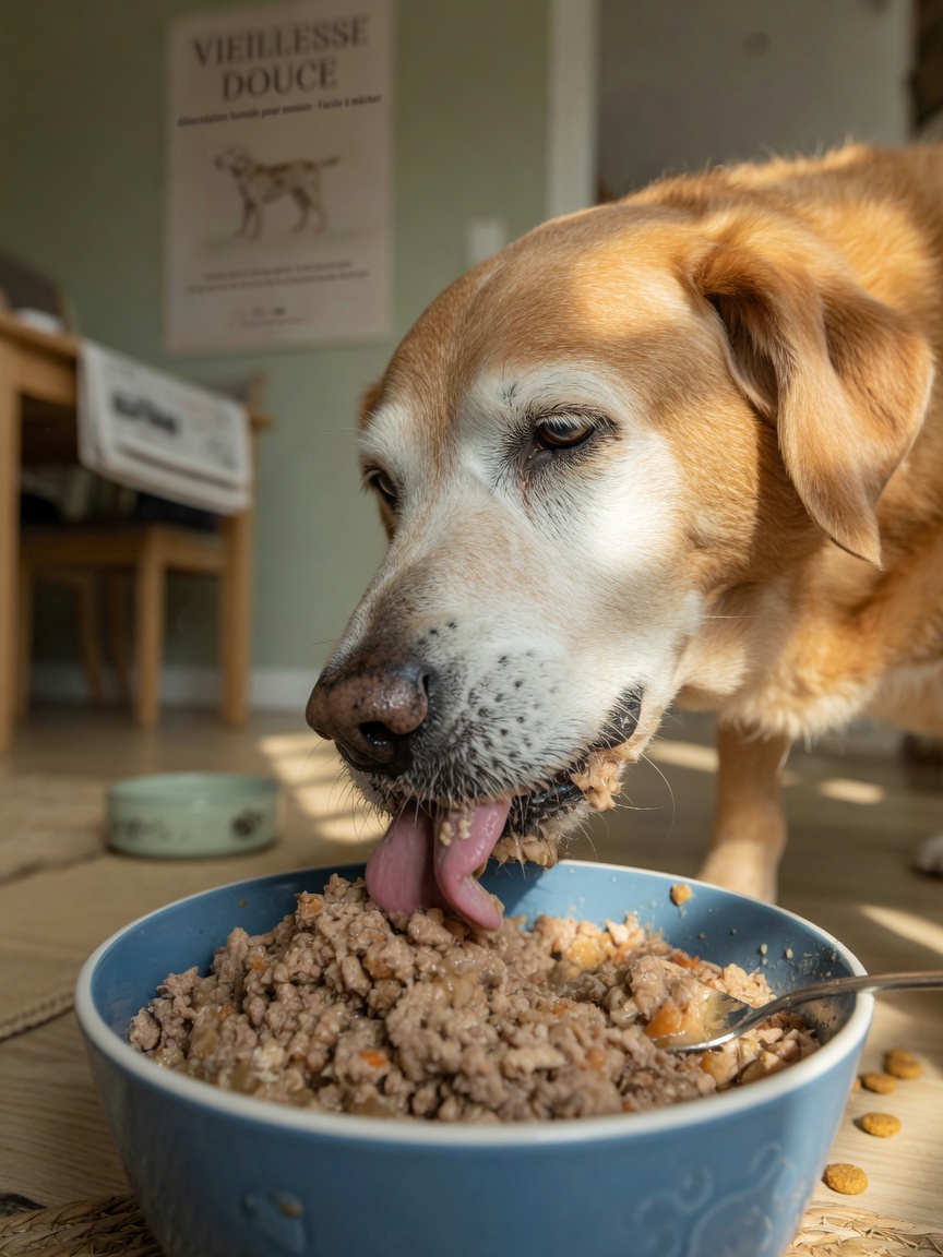 A senior dog with a greying muzzle eating soft canned food from a bowl, demonstrating the ease of consumption for older pets.