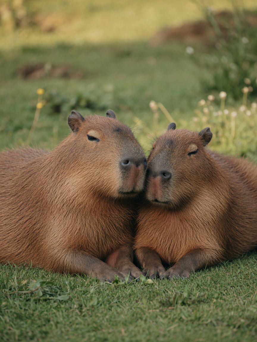 Two capybaras resting together, demonstrating their social bonding and need for companionship