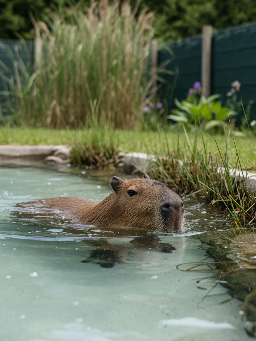 Adult capybara swimming in a large pool, demonstrating essential semi-aquatic space requirements