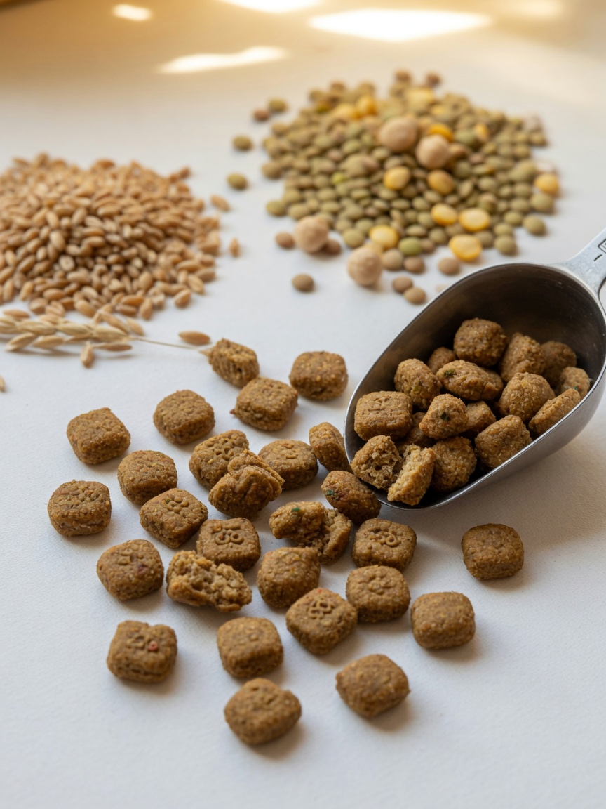 Close-up of dog kibble with grain and legume ingredients visible in soft focus background