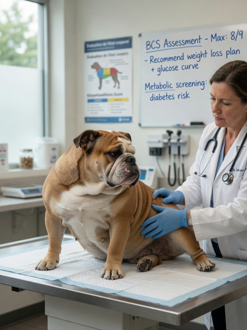 Veterinarian examining an overweight dog on an examination table to assess body condition