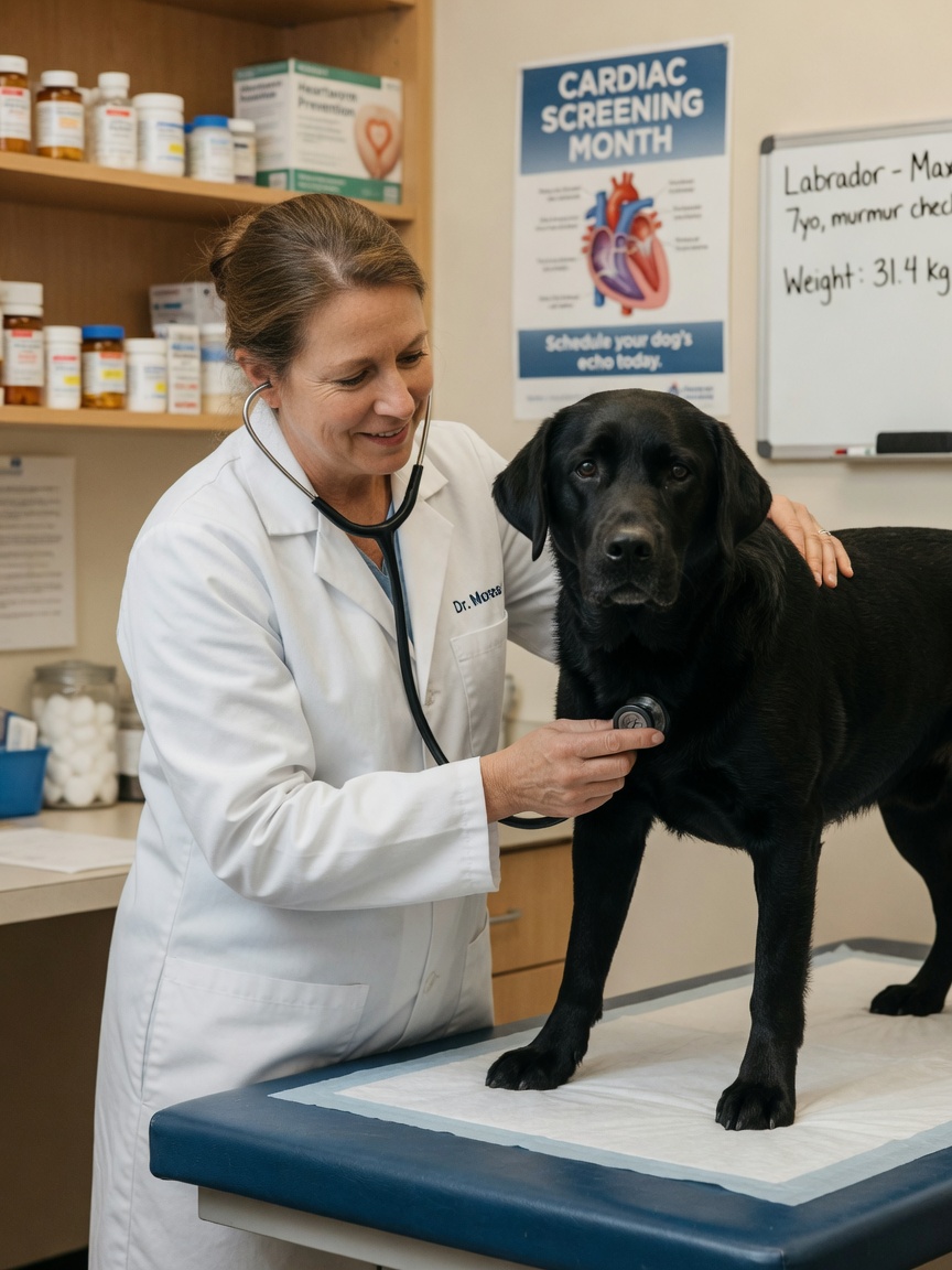 Tierarzt untersucht die Herzgesundheit eines schwarzen Labradors mit einem Stethoskop auf einem klinischen Untersuchungstisch