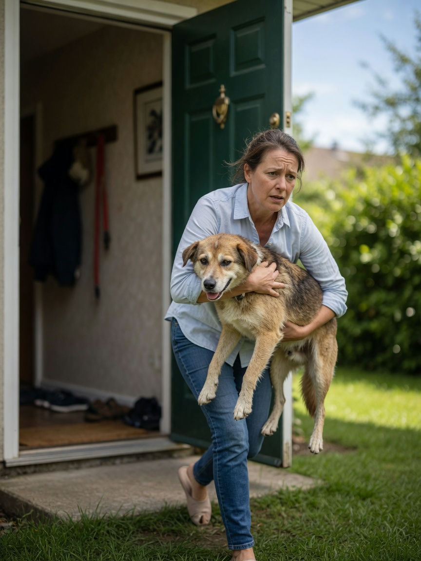 Pet owner urgently evacuating their unwell dog from the house into fresh outdoor air
