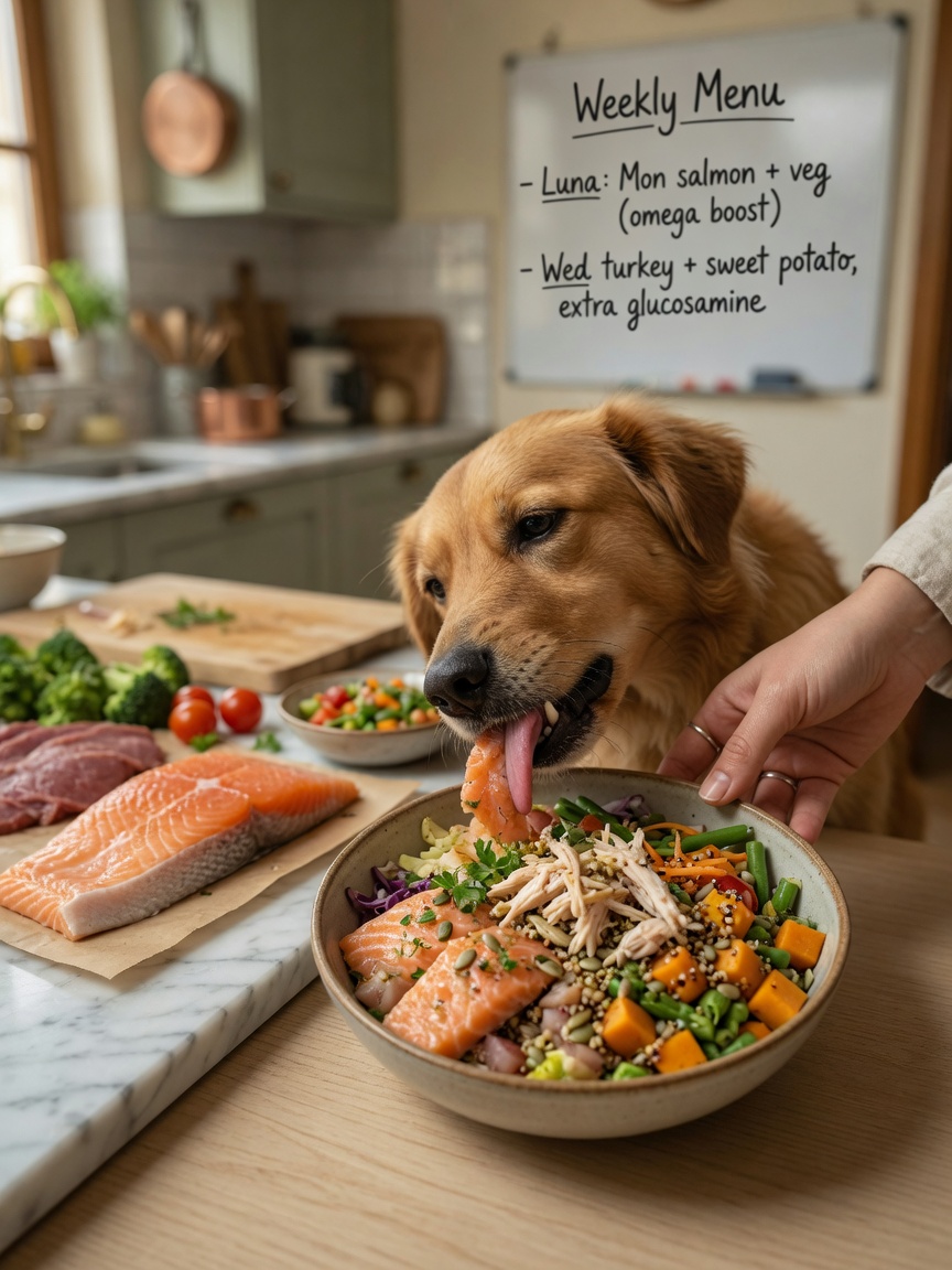 Dog eating from a bowl of high-quality protein-rich food in a home kitchen, with fresh ingredients visible nearby symbolizing nutritional support for cancer care