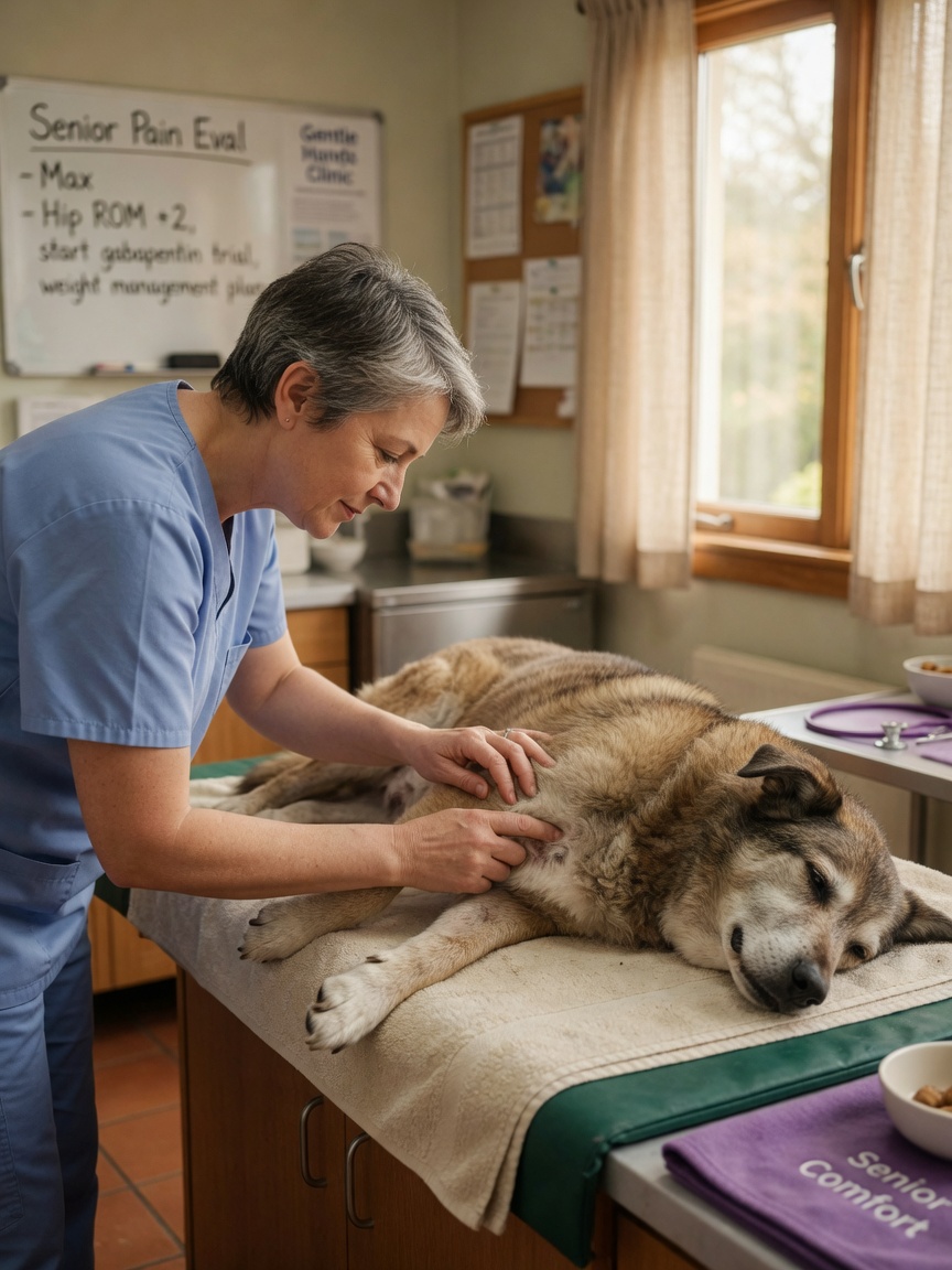 Veterinarian carefully examining and assessing a senior dog's joints and limbs for pain, demonstrating compassionate pain management evaluation
