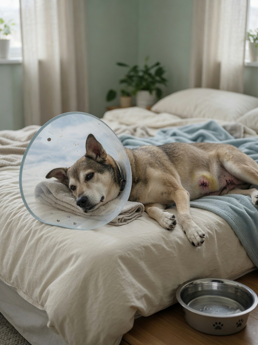 Drowsy male dog wearing Elizabethan collar on bed during first hours after castration surgery recovery