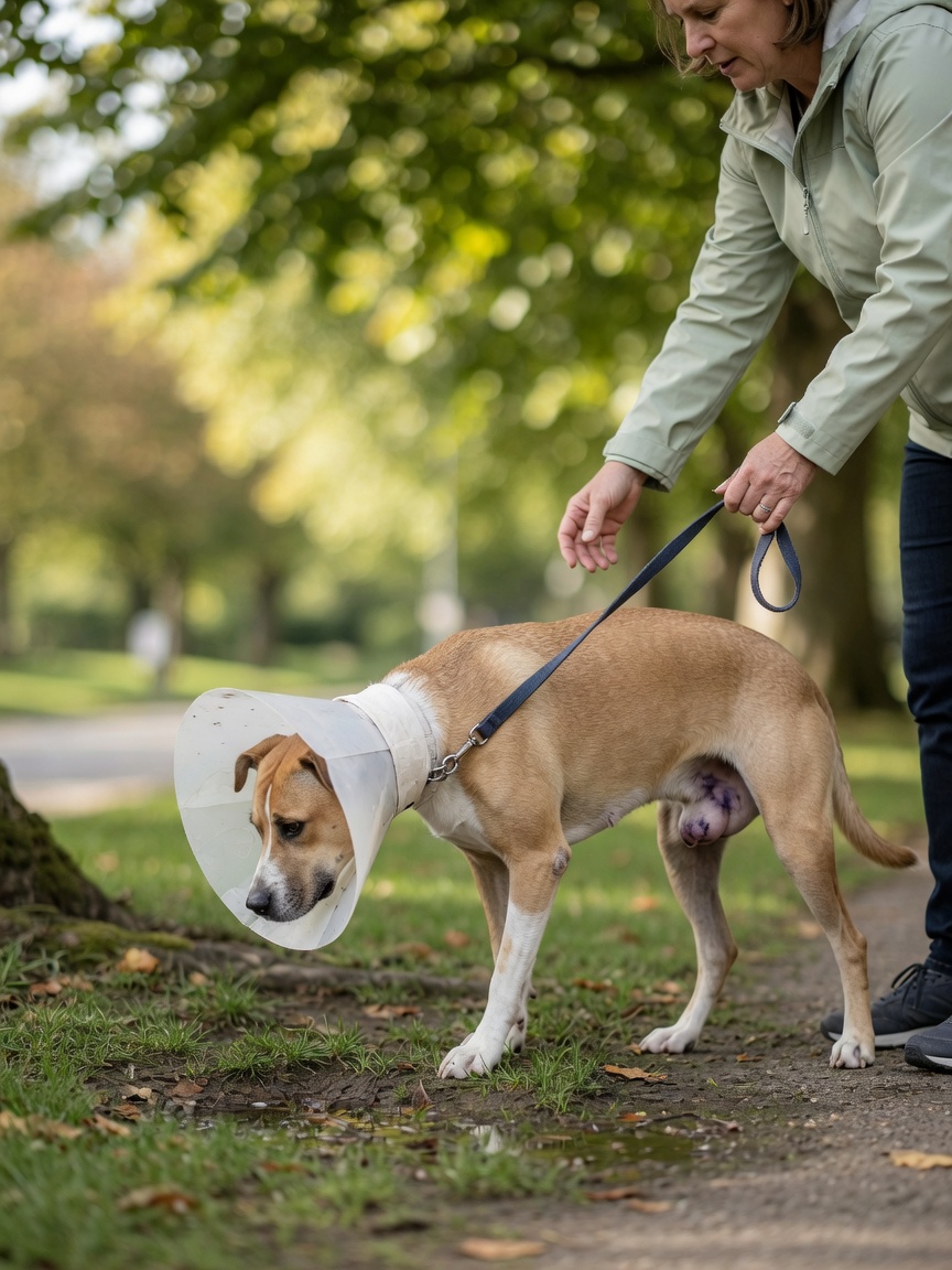 Male dog on restricted leash walk during early post-castration recovery period with owner maintaining close control