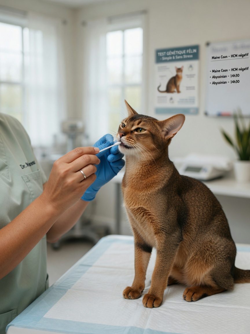 A veterinarian performing a cheek swab DNA test on an Abyssinian cat to screen for PK deficiency