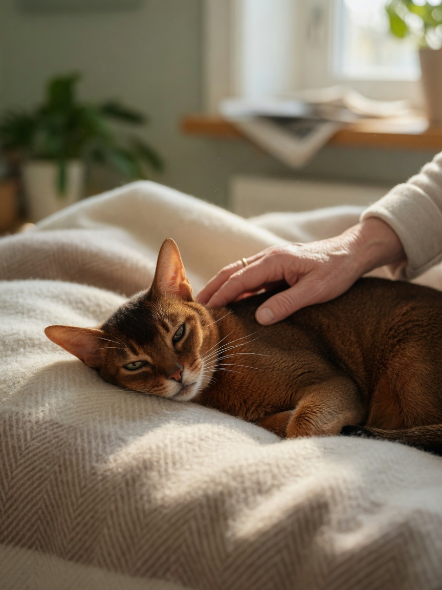 A senior Abyssinian cat resting peacefully with owner's hand gently touching it, conveying compassionate care