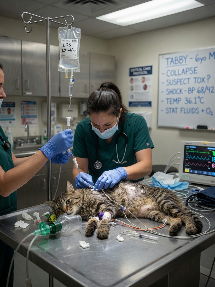 Emergency veterinary team treating a collapsed cat in acute Addisonian crisis with IV fluids and monitoring equipment