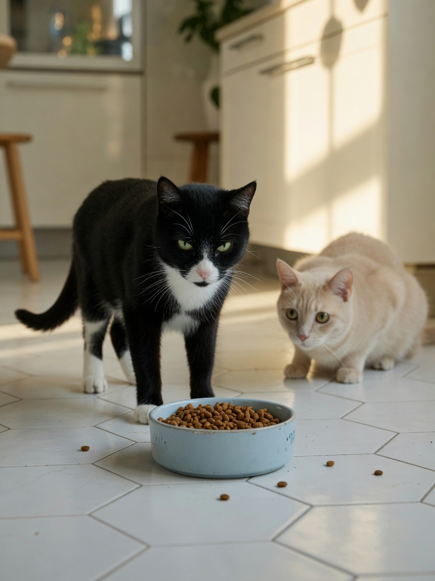 Dominant cat blocking access to food bowl while subordinate cat watches nervously from distance, demonstrating resource-guarding aggression