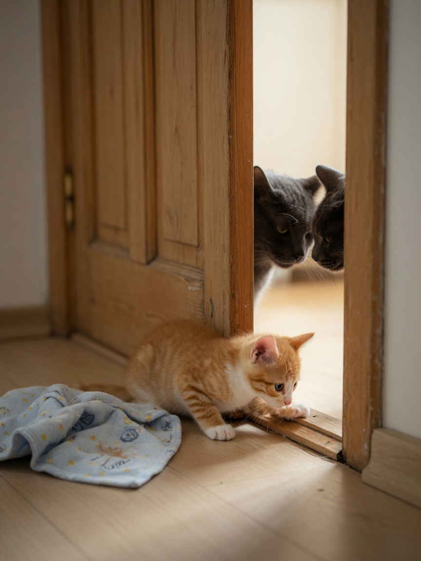 New kitten and resident cat sniffing under closed door during scent-exchange phase of gradual introduction