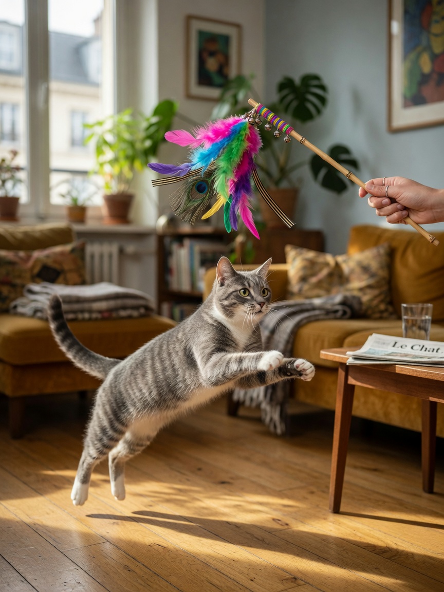 Gray and white cat leaping after a feather wand toy held by a person's hand indoors