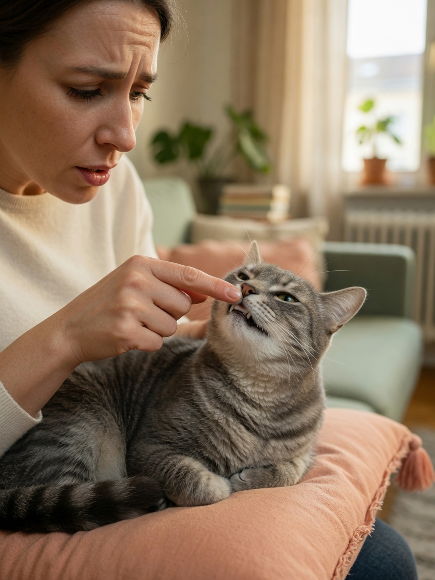 Cat owner checking pale gums of anaemic grey tabby cat at home to identify signs of anaemia
