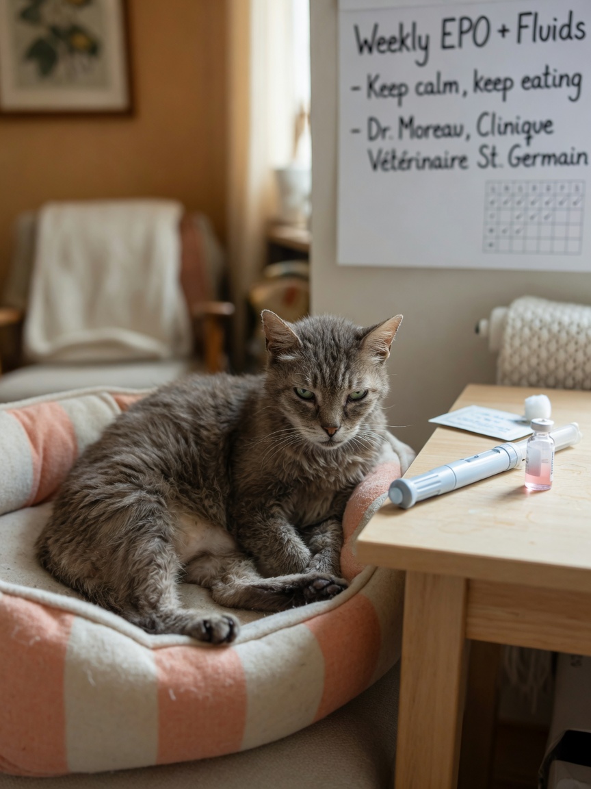 Elderly anaemic tabby cat resting on soft bed with subcutaneous injection medication nearby for chronic kidney disease treatment