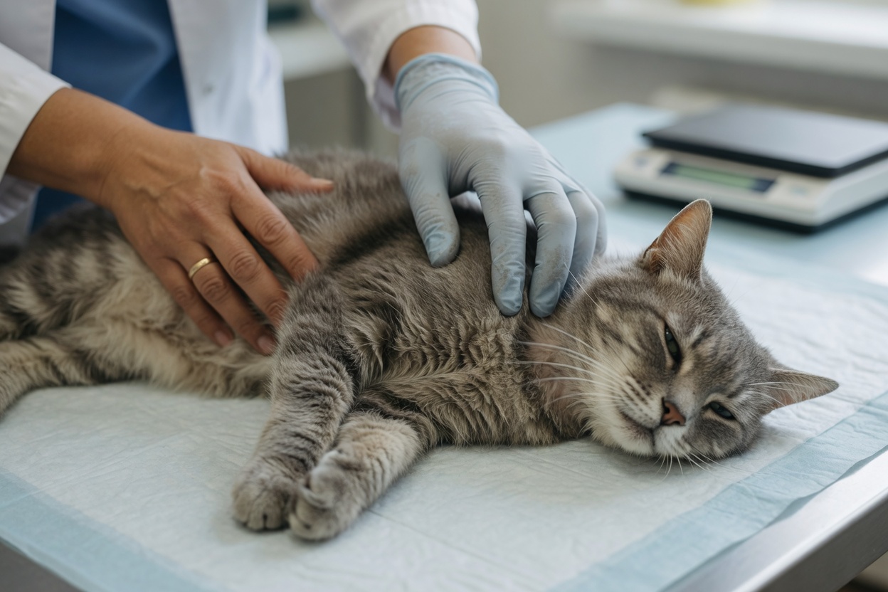 Veterinarian performing abdominal and thyroid palpation on a senior cat during examination