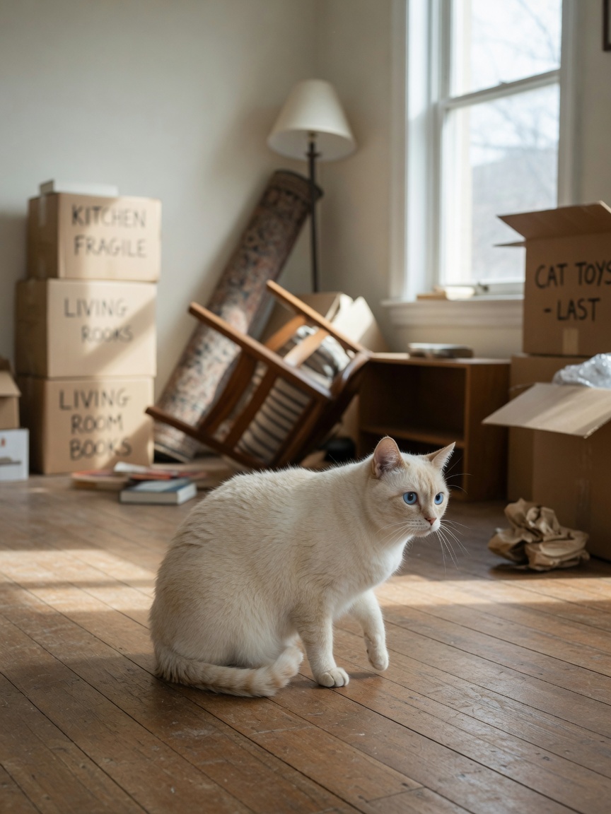 Angstige crèmekleurige kat in een lege kamer omringd door verhuisdozen, wat stress door milieuverandering toont