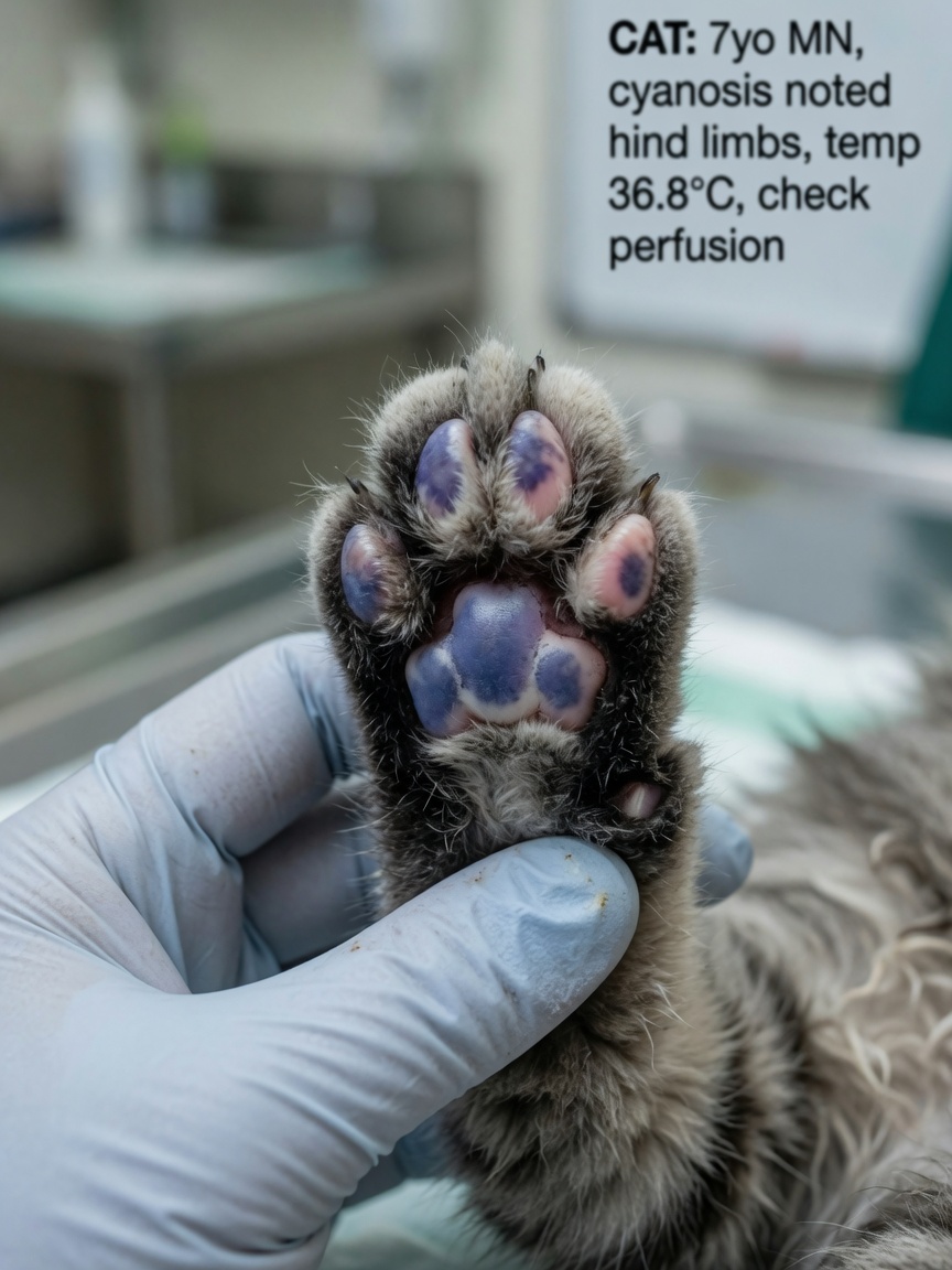 Close-up of a cat's discoloured hind paw with bluish-purple coloration being examined by a veterinarian, showing signs of compromised circulation