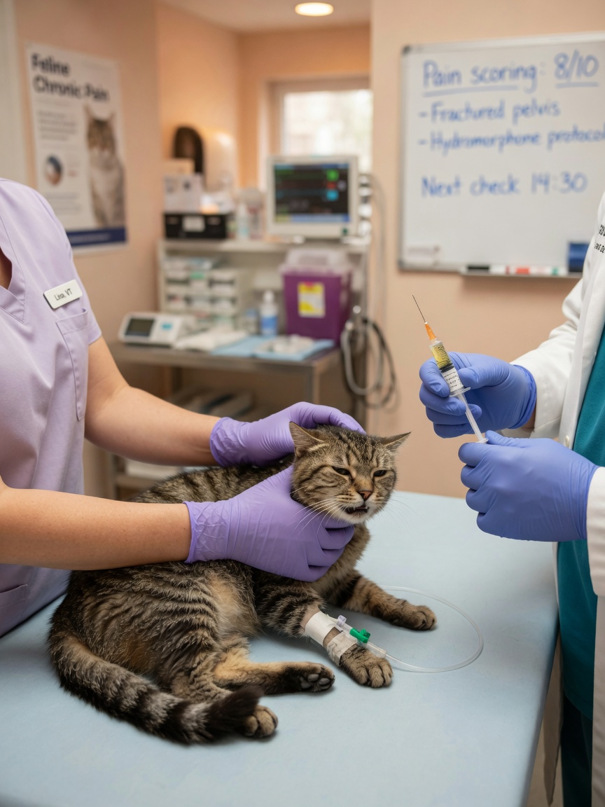 Veterinarian administering emergency pain relief medication to a distressed cat during aortic thromboembolism treatment