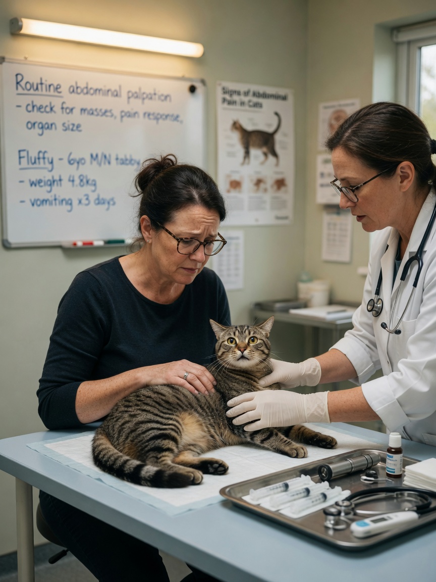 Veterinarian examining an anorexic cat at clinic while owner watches with concern