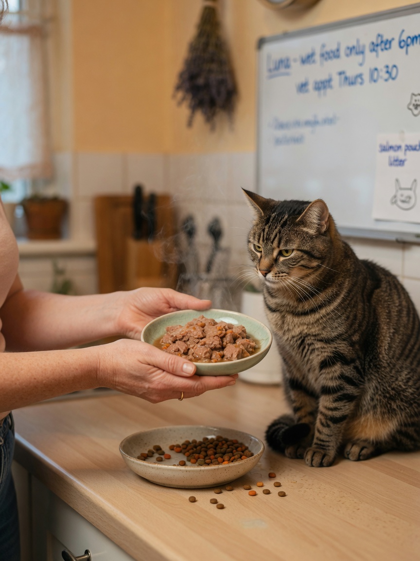 Cat owner warming food in hands to encourage reluctant cat to eat