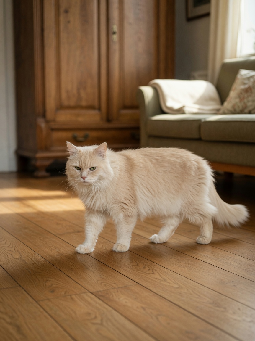 Senior cream-colored cat walking on hardwood floor with subtle stiffness and shortened stride, showing signs of arthritic gait changes