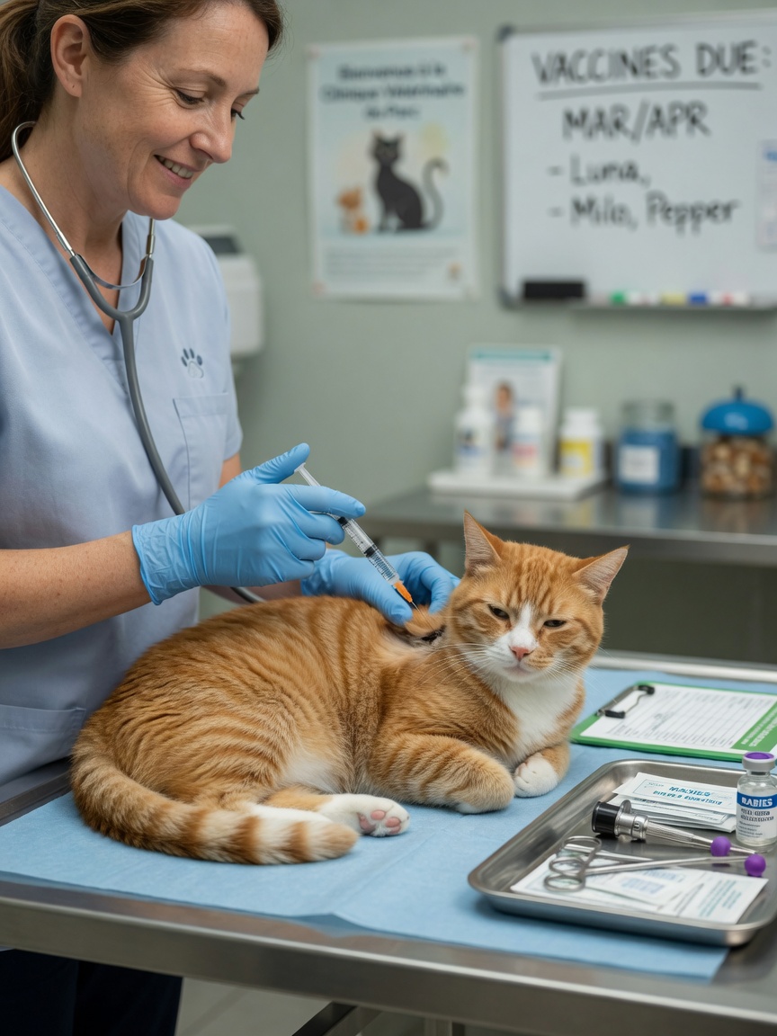 Veterinarian administering monthly injection to calm orange tabby cat at examination table, representing modern arthritis pain management treatment