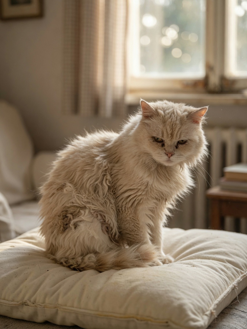 Elderly cat with matted, unkempt fur showing signs of reduced grooming ability due to arthritis