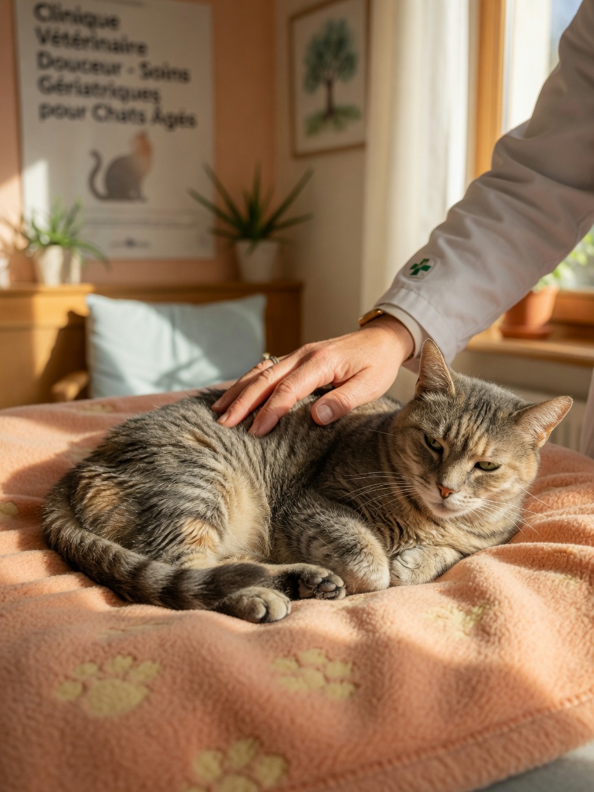 Calm elderly cat resting on a soft blanket with a veterinarian's reassuring hand on its shoulder