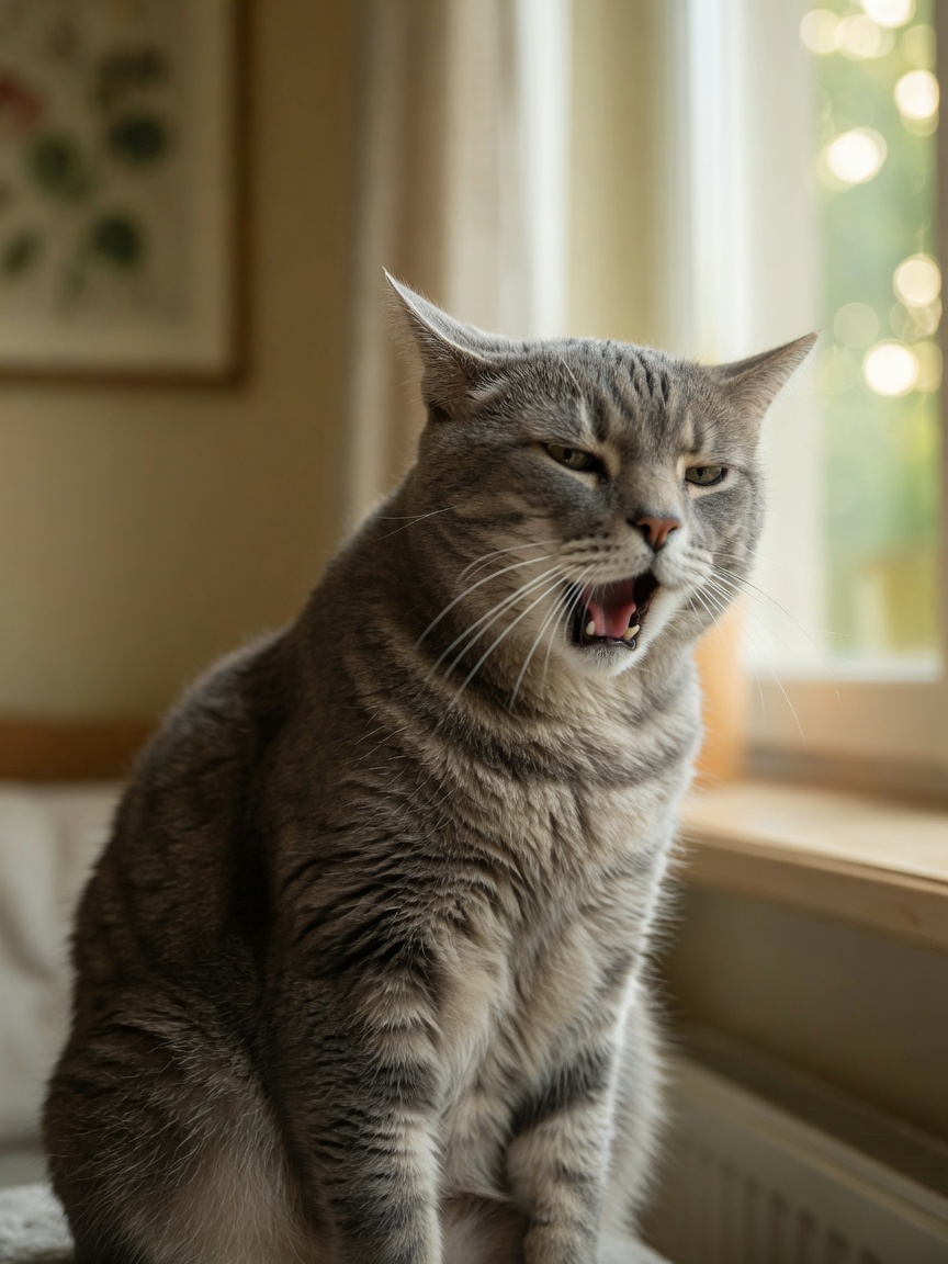 Cat displaying respiratory distress with visible abdominal effort and open-mouth breathing