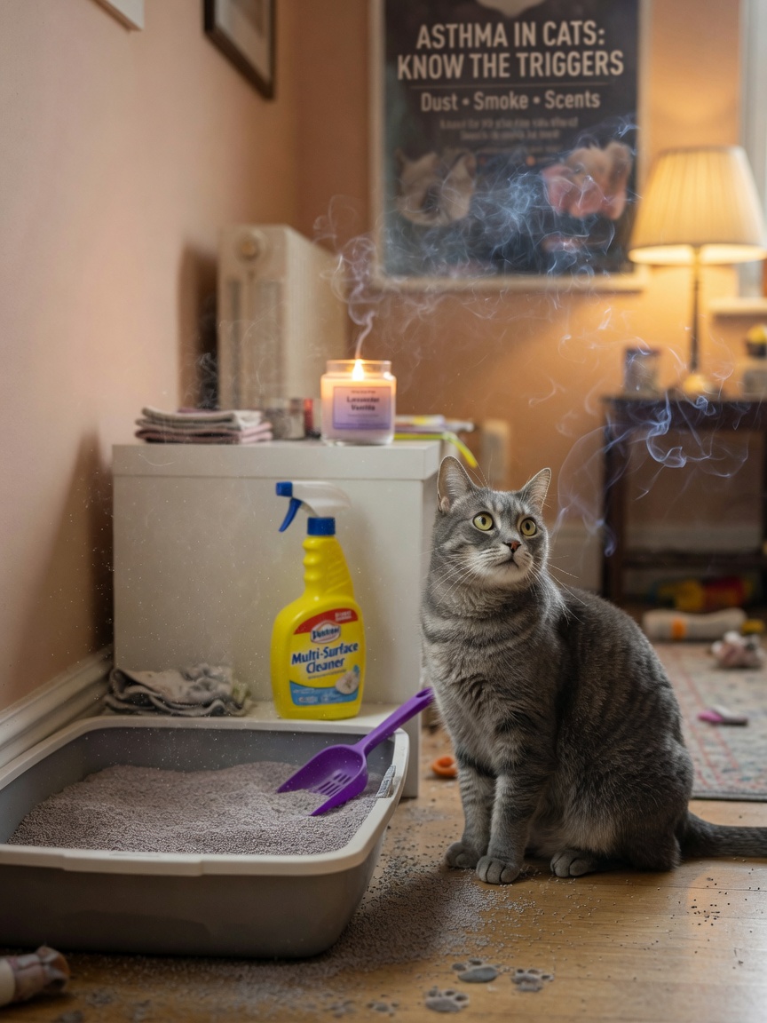 Home environment with multiple cat asthma triggers including litter dust, cleaning products, and smoke